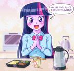  anthro blush clothed clothing equestria_girls female food hair human mammal my_little_pony noodles open_mouth purple_eyes ramen solo twilight_sparkle_(eg) two_tone_hair uotapo 