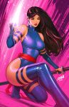  1girl black_hair boots breasts david_nakayama highres holding holding_sword holding_weapon initial katana leotard long_hair marvel medium_breasts on_one_knee psylocke psylocke_(vengeance) purple_boots purple_eyes purple_leotard red_sash sash solo sword thigh_boots waist_sash weapon x-men 