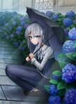  1girl black_umbrella blue_dress bow bowtie burn_scar dorei_to_no_seikatsu_~teaching_feeling~ dress flower full_body grey_eyes grey_hair hair_ornament hairclip hashtag-only_commentary highres holding holding_umbrella long_hair looking_at_viewer scar scar_on_arm shoes smile solo squatting stone_floor sylvie_(dorei_to_no_seikatsu) umbrella unrann 