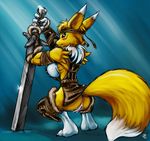  armor back_turned big_breasts black_sclera blue_eyes blush bottomless breasts butt canine clothed clothing crouching digimon female fox fur gloves hair half-dressed looking_at_viewer mammal mane pussy renamon s-nina side_boob skimpy solo sword weapon yellow_fur 