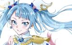  1girl blue_eyes blue_hair cure_sky earrings hair_ornament highres hirogaru_sky!_precure jewelry long_hair looking_at_viewer magical_girl mofuru_neko precure shoulder_pads single_earring smile solo sora_harewataru sparkle upper_body very_long_hair wing_hair_ornament 