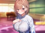  1girl arito_arayuru blurry blurry_background breasts brown_hair chalkboard classroom collared_shirt evening grand_piano highres hot indoors instrument large_breasts long_sleeves looking_at_viewer medium_hair original piano purple_eyes school_uniform scowl shirt sidelocks solo standing steam upper_body wet wet_clothes wet_shirt window 