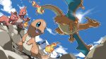  animal_focus blacknirrow blue_eyes blue_sky charizard charmander charmeleon claws closed_mouth cloud day dragon dragon_wings evolutionary_line fangs fire flame-tipped_tail flying highres mountain no_humans open_mouth outdoors outline pokemon pokemon_(creature) pokemon_focus sky smile sun tail white_outline wings 