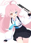  1girl :d absurdres ahoge aqua_necktie beretta_1301 black_gloves black_skirt blue_archive blue_eyes blush chest_strap collared_shirt commentary_request fang fingerless_gloves gloves gun hair_between_eyes hair_flaps halo heterochromia highres holding holding_gun holding_weapon hoshino_(blue_archive) id_card kurumi_kororin long_hair long_sleeves looking_at_viewer loose_necktie necktie open_mouth pink_hair pink_halo pleated_skirt red_eyes school_emblem shirt shotgun skin_fang skirt smile solo very_long_hair weapon white_background white_shirt 
