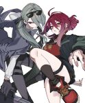  2girls absurdres black_coat black_gloves black_socks blue_archive briefcase china_dress chinese_clothes closed_mouth coat dress earrings eyewear_on_head gloves green_hair hair_over_one_eye highres holding holding_briefcase jacket jewelry leg_up long_hair long_sleeves mina_(blue_archive) mole mole_under_eye multiple_girls open_clothes open_jacket parted_lips red_dress red_eyes red_hair red_shoes reijo_(blue_archive) shirt shoes simple_background sneakers socks sunglasses thigh_strap umashio_potechi-san white_background white_shirt 