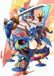  1girl alsea armlet armor belt blue_armor blue_thighhighs boots breasts brown_gloves brown_hair daisy_(dq) dated dragon_quest dragon_quest_yuusha_abel_densetsu fake_horns full_body gloves helmet highres horned_helmet horns jewelry long_hair looking_at_viewer monster open_mouth slime_(dragon_quest) thighhighs 