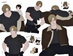  1boy 1girl aaamber_22 ada_wong animal_ears black_gloves black_hair black_pants blonde_hair brown_jacket cat_charm cat_ears cat_girl chibi chibi_inset collared_shirt cup dog_boy dog_ears english_text fingerless_gloves fur-trimmed_jacket fur_trim gloves grey_shirt hair_over_one_eye hands_on_own_hips highres holding holding_cup jacket kemonomimi_mode leon_s._kennedy multiple_views muscular muscular_male musical_note pants parted_bangs resident_evil resident_evil_4 resident_evil_4_(remake) shirt short_hair sparkle stuffed_animal stuffed_toy teddy_bear tight_clothes tight_shirt upper_body white_shirt 