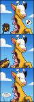 absurd_res after_transformation antlers blue_eyes comic frown fur generation_2_pokemon girafarig hi_res hooves horn living_tail nintendo orange_sclera pink_nose pokemon pokemon_(species) smile speech_bubble spikes spikes_(anatomy) tail tail_head transformation trevor-fox unusual_anatomy unusual_tail upside_down_transformation yellow_body yellow_fur