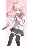  1girl absurdres black_sailor_collar black_skirt black_thighhighs blue_archive blush breasts bright_pupils c2_jun cardigan cellphone double-parted_bangs drinking drinking_straw drop_shadow feet_out_of_frame floating_hair gradient_background gun hair_over_shoulder halo hand_up highres holding holding_carton holding_gun holding_weapon long_hair looking_down milk milk_carton miniskirt natsu_(blue_archive) neckerchief no_mouth one_side_up outside_border phone pillarboxed pink_background pink_hair pink_halo pleated_skirt red_eyes red_neckerchief sailor_collar school_uniform serafuku skirt small_breasts smartphone solo thighhighs weapon white_cardigan white_pupils zettai_ryouiki 