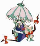  1girl blonde_hair blush choker closed_mouth dress elbow_gloves expressionless gap_(touhou) gloves hair_ribbon holding holding_umbrella long_hair looking_at_viewer owatakun purple_dress purple_eyes ribbon ribbon_choker short_sleeves solo touhou umbrella very_long_hair white_background white_gloves yakumo_yukari 