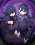  2girls @_@ absurdres ahoge black_hair bodice breasts closed_mouth commentary dress earrings english_commentary flying_sweatdrops hair_between_eyes hairband hex_maniac_(pokemon) hex_maniac_(pokemon_legends:_z-a) highres jewelry juliet_sleeves large_breasts long_hair long_sleeves looking_at_viewer medium_breasts multiple_girls nia_(nia4294) open_mouth pokemon pokemon_legends:_z-a pokemon_xy puffy_sleeves purple_dress purple_hairband smile symbol-shaped_pupils very_long_hair 