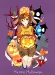  axe blood broom broom_riding brown_hair candy chie_(lcddem) cross food halloween highres lcddem looking_at_viewer pumpkin short_hair shorts solo theta_(pixiv) turtleneck weapon witch yellow_eyes 