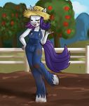  anthro anthrofied apple clothing equine eyes_closed female fence friendship_is_magic fruit grass hair hat horn horse kakashischika mammal messy_hair mud my_little_pony orchid overalls pony purple_hair rarity_(mlp) standing straw_hat torn_clothing tree unicorn 