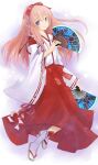  1girl blush bow brown_sandals closed_mouth commentary_request folding_fan full_body hair_bow hand_fan japanese_clothes kimono long_hair looking_at_viewer miko phantasy_star phantasy_star_online_2 pink_hair protagonist_(pso2) purple_eyes red_bow red_skirt sandals skirt smile socks solo white_kimono white_socks wide_sleeves yoru_nagatsuki 
