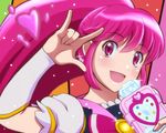  \m/ aino_megumi blush bow cure_lovely happinesscharge_precure! heart looking_at_viewer macross macross_frontier nakajima_megumi open_mouth parody pink_bow pink_eyes pink_hair precure seikan_hikou seiyuu_connection solo terumin_(yuganda_sebone) wide_ponytail 