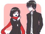  1boy 1girl black_eyes black_hair black_jacket black_sailor_collar black_serafuku black_shirt border buttons closed_eyes closed_mouth collared_shirt commentary couple enpera facing_ahead gakuran hair_between_eyes hair_ornament hairclip hand_in_pocket highres jacket kagerou_project kisaragi_shintarou limited_palette long_sleeves looking_at_another m_aoiro_daisuki neckerchief open_mouth outside_border pink_background red_scarf rounded_corners sailor_collar scarf school_uniform serafuku shirt short_hair simple_background tateyama_ayano teeth unbuttoned upper_body upper_teeth_only white_border white_neckerchief white_shirt winter_uniform 