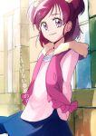  arms_behind_back blue_skirt buntatta fur-trimmed_jacket fur_trim jacket long_sleeves looking_at_viewer miniskirt pink_hair pink_shirt precure purple_eyes shirt short_hair skirt smile translation_request two_side_up yes!_precure_5 yumehara_nozomi 