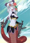  :d absurdres alisfieze_fateburn_xvi bare_shoulders blue_skin breasts cloud day elbow_gloves fangs flower gloves hair_flower hair_ornament highres horns kill_la_kill lamia long_hair medium_breasts mon-musu_quest! monster_girl navel open_mouth parody ribbon silver_hair sky smile solo straywolf sword tail tail_ribbon weapon yellow_eyes 