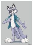 2022 3_toes 4_fingers anthro biped black_nose blue_clothing blue_shirt blue_topwear border bottomless bottomless_anthro bottomless_male canid canine canis claws closed_smile clothed clothed_anthro clothed_male clothing collared_shirt countershade_face countershade_feet countershade_fur countershade_torso countershading digital_media_(artwork) dipstick_ears ear_markings ear_piercing ear_ring ear_stud eyebrows fangs featureless_crotch feet finger_claws fingers front_view fur grey_background grey_body grey_fur grin hi_res humanoid_hands inner_ear_fluff looking_aside male male_anthro mammal monotone_tail mouth_closed multicolored_body multicolored_ears multicolored_fur open_clothing open_shirt open_topwear piercing plantigrade ring_piercing rolled_up_sleeves shaded shirt shirt_only signature simple_background smile solo standing tail teaselbone teaselbone_(character) teeth toe_claws toes toony topwear topwear_only tuft two_tone_body two_tone_fur white_body white_border white_claws white_countershading white_eyebrows white_finger_claws white_fur white_inner_ear white_toe_claws wolf
