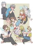  1girl 6+boys anger_vein barefoot bartz_klauser black_pants black_shirt blonde_hair blush border brown_hair cecil_harvey cloud_strife commentary_request final_fantasy final_fantasy_i final_fantasy_ii final_fantasy_iii final_fantasy_iv final_fantasy_ix final_fantasy_v final_fantasy_vi final_fantasy_vii final_fantasy_viii final_fantasy_x firion full-face_blush full_body green_hair grey_hair grey_shirt hair_ribbon high_ponytail highres hug in-franchise_crossover long_hair looking_at_another low_ponytail monkey_tail multiple_boys onion_knight oshibainoticket outside_border pants ponytail ribbon shirt short_hair sitting sitting_on_lap sitting_on_person sleeveless sleeveless_turtleneck spiked_hair squall_leonhart sweat sweatdrop sweater tail terra_branford tidus turtleneck turtleneck_sweater warrior_of_light_(ff1) white_border white_shirt zidane_tribal 