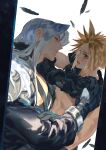  2boys black_feathers black_gloves blonde_hair blue_eyes blush chest_strap clothes_lift cloud_strife english_commentary eyelashes falling_feathers feathers final_fantasy final_fantasy_vii gloves green_eyes grey_hair hand_on_another&#039;s_arm long_hair looking_at_another male_focus multiple_boys nipples open_mouth pectorals seductive_smile sephiroth shirt_lift short_hair slit_pupils smile spiked_hair uhsjfbnzw96p6rz undressing_another yaoi 