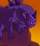  amit claws digitigrade dragon fangs feral gradient_background horn lizard muscles nordrion nostrils orange_background paws plain_background purple_eyes reptile scalie sitting spikes stone teeth underbite wings 