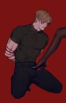  1boy 1girl aaamber_22 ada_wong arms_behind_back black_pants black_pantyhose black_shirt blue_eyes full_body hair_between_eyes high_ponytail highres leon_s._kennedy male_focus out_of_frame pants pantyhose parted_bangs ponytail red_background resident_evil restrained shirt short_hair tight_clothes tight_shirt 