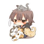  1girl :&lt; :3 animal animal_on_head blush brown_hair cat cat_on_head chibi flat_chest kaga_(kantai_collection) kantai_collection lowres on_head ponytail rebecca_(keinelove) school_uniform simple_background sitting solo sweat too_many too_many_cats white_background 