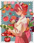  1girl alternate_costume aqua_background bag baguette book border bow bow_hairband bread buttons can canned_food carrot collared_shirt cowboy_shot dress_shirt floral_print_skirt food food-themed_hair from_side fruit grey_border hair_bow hairband hands_up highres holding holding_book holding_can kasane_teto kasane_tomato_kan_(utau) long_sleeves looking_at_object looking_down medium_skirt outside_border pink_bag plaid_bow plaid_hairband plastic_bottle poppippoo_(vocaloid) red_eyes red_hair red_skirt ru_y021 shirt shoulder_bag skirt solo tomato utau vegetable_juice wing_collar 
