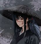  1girl absurdres alternate_costume animal_on_shoulder bird bird_on_shoulder black_hair black_kimono chainsaw_man crow hat highres japanese_clothes kimono long_hair looking_at_viewer mothdropcrowla red_eyes rice_hat ringed_eyes snowing solo yoru_(chainsaw_man) 