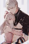  1boy 1girl bare_shoulders black_jacket blonde_hair blue_eyes blunt_bangs bow breasts brown_eyes chain chain_necklace chest_strap closed_mouth couple cropped_jacket detached_sleeves grey_hair hair_between_eyes hair_bow hair_intakes hetero highres hug jacket jewelry long_hair love_and_deepspace manatsuki_manata medium_breasts midriff necklace one_eye_closed pink_bow pink_shirt pink_sleeves protagonist_(love_and_deepspace) shirt smile upper_body xavier_(love_and_deepspace) 
