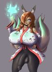  anthro balls big_breasts breasts bulge canine clothing dickgirl flaccid fox huge_breasts intersex looking_at_viewer mammal penis randomboobguy smile solo tight_clothing 