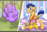  adventure_time blue_eyes blue_hair crossover cutie_mark equestria_girls equine female feral flash_sentry_(eg) fur hair helmet horse lumpy_space_princess male mammal merionminor my_little_pony orange_fur outside pegasus phone pony purple_fur royalty wings 