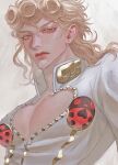  1boy absurdres adam&#039;s_apple blonde_hair cleavage_cutout clothing_cutout collared_jacket curly_hair earrings eyelashes frown giorno_giovanna hair_between_eyes highres jacket jewelry jojo_no_kimyou_na_bouken ladybug_ornament long_hair looking_at_viewer oyatsu_(205415) pectoral_cleavage pectorals red_lips slit_pupils solo stud_earrings studded_jacket upper_body vento_aureo victory_rolls white_background white_jacket wing_ornament yellow_eyes 