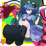  :o backpack bag blue_eyes blue_hair boots breasts fingerless_gloves gloves goggles goggles_on_headwear hair_bobbles hair_ornament hat highres kawashiro_nitori large_breasts mechanical_arm one_eye_closed rihito_(usazukin) solo touhou v 