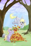  autumn blonde_hair cloud derpy_hooves_(mlp) dinky_hooves_(mlp) duo equine fallen_leaves female flying friendship_is_magic grass hair happy horn leaf mammal mother_and_daughter muffinshire my_little_pony one_eye_closed outside pegasus rake sky smile tree unicorn wings yellow_eyes 
