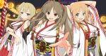  3girls :d ahoge armpits bare_shoulders blonde_hair blush breasts brown_eyes brown_hair collarbone double_bun earrings game_cg green_eyes hair_between_eyes hair_bun hair_ornament hairclip hakama hakama_skirt hanabi_(senran_kagura) highres japanese_clothes jewelry kafuru_(senran_kagura) large_breasts long_hair long_sleeves looking_at_viewer low_twintails medium_breasts mikagura_uniform miko multiple_girls night non-web_source official_art open_mouth orange_hair purple_eyes red_hakama renka_(senran_kagura) ribbon senran_kagura senran_kagura_estival_versus short_hair skirt smile twintails wide_sleeves yaegashi_nan 