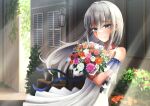  1girl bare_shoulders bouquet bow burn_scar commentary_request dorei_to_no_seikatsu_~teaching_feeling~ dress dress_bow english_commentary flower grey_eyes grey_hair highres holding holding_bouquet long_hair looking_at_viewer mixed-language_commentary outdoors scar scar_on_arm scar_on_face sidelocks smile solo sundress sunlight sylvie_(dorei_to_no_seikatsu) town unrann wall_lamp white_dress window 