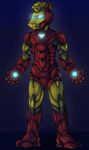  5_fingers anthro bbd blue_background blue_eyes equine glowing hi_res horse iron_man ironman male mammal marvel mohawk plain_background solo standing suit superhero 