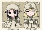 2girls =_= black_eyes black_hair blonde_hair chito_(shoujo_shuumatsu_ryokou) closed_mouth combat_helmet emesan_desu fur-trimmed_jacket fur_trim gloves helmet highres holding jacket long_sleeves multiple_girls mushroom nuko_(shoujo_shuumatsu_ryokou) outside_border shoujo_shuumatsu_ryokou smile upper_body yuuri_(shoujo_shuumatsu_ryokou) 