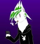  cellphone cigarette coffee_mixer ear_piercing green_hair hair hoodie iphone original_character phone piercing playboy purple_background smoking 