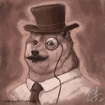  anthro black_nose canine clothing dog doge english_text eyewear facial_hair fancy fluffy hammn hat looking_at_viewer mammal meme monocle mustache necktie shiba_inu shirt signature text top_hat what 