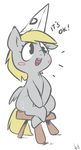  atryl blonde_hair blush cutie_mark derpy_hooves_(mlp) dunce_hat equine female feral friendship_is_magic fur grey_fur hair happy hat horse mammal my_little_pony pegasus sitting solo stool text wall_eyed wings 