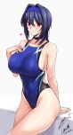  1girl absurdres black_choker blue_hair blue_hairband blue_one-piece_swimsuit blush breasts choker collarbone competition_swimsuit cowboy_shot dated hair_between_eyes hair_intakes hairband heart highleg highres kasumi_(halcon) large_breasts looking_at_viewer mole one-piece_swimsuit original red_eyes short_hair sideboob signature sitting smile solo swimsuit white_background yoo_tenchi 