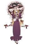 1girl alternate_costume blonde_hair dress full_body gap_(touhou) glasses gloves hair_ribbon hat highres holding holding_umbrella lace lace_gloves long_hair long_sleeves looking_at_viewer one_eye_covered purple_dress purple_eyes red_shoes ribbon round_eyewear shoes smile solo touhou umbrella very_long_hair white_background white_gloves white_sleeves yakumo_yukari zenritsu 