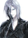  1boy 3_3lecho absurdres aqua_eyes black_bodysuit black_gloves bodysuit chest_strap closed_mouth final_fantasy final_fantasy_vii final_fantasy_vii_advent_children gloves grey_hair hair_over_one_eye hand_in_own_hair hand_on_own_face highres kadaj looking_at_viewer male_focus medium_hair pale_skin solo upper_body white_background 