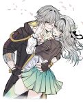  1boy 1girl aqua_dress aqua_thighhighs black_gloves black_jacket black_ribbon caelus_(honkai:_star_rail) dress falling_petals fingerless_gloves firefly_(honkai:_star_rail) flower frilled_sleeves frills gloves gradient_hair hair_ornament hair_ribbon hand_on_another&#039;s_face highres honkai:_star_rail honkai_(series) ilsijeongj2213 jacket long_hair long_sleeves multicolored_hair open_clothes open_jacket outside_border petals pink_petals ribbon shirt short_hair simple_background thighhighs trailblazer_(honkai:_star_rail) white_background white_shirt white_sleeves 