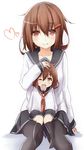  absurdres blush brown_eyes brown_hair commentary hair_ornament hairclip hand_on_another's_head heart highres if_they_mated ikazuchi_(kantai_collection) kantai_collection long_sleeves looking_at_viewer md5_mismatch mother_and_daughter multiple_girls neckerchief older one_eye_closed open_mouth pantyhose red_neckwear saku_(kudrove) school_uniform serafuku short_hair sitting sitting_on_person skirt smile younger 