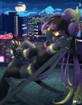 anthro cellphone clothed clothing electronics female generation_7_pokemon hair headphones hi_res humanoid legendary_pokemon legwear looking_at_viewer marshadow night nintendo orange_sclera outside patreon phone pokemon pokemon_(species) pokemon_humanoid purple_hair rilex_lenov smartphone solo stockings topwear
