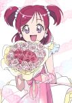  1girl bouquet bow buntatta butterfly_earrings dress earrings flower frilled_dress frills jewelry light_blush looking_at_viewer official_alternate_costume pearl_hair_ornament pink_hair precure purple_eyes rose short_hair two_side_up yes!_precure_5 yumehara_nozomi 